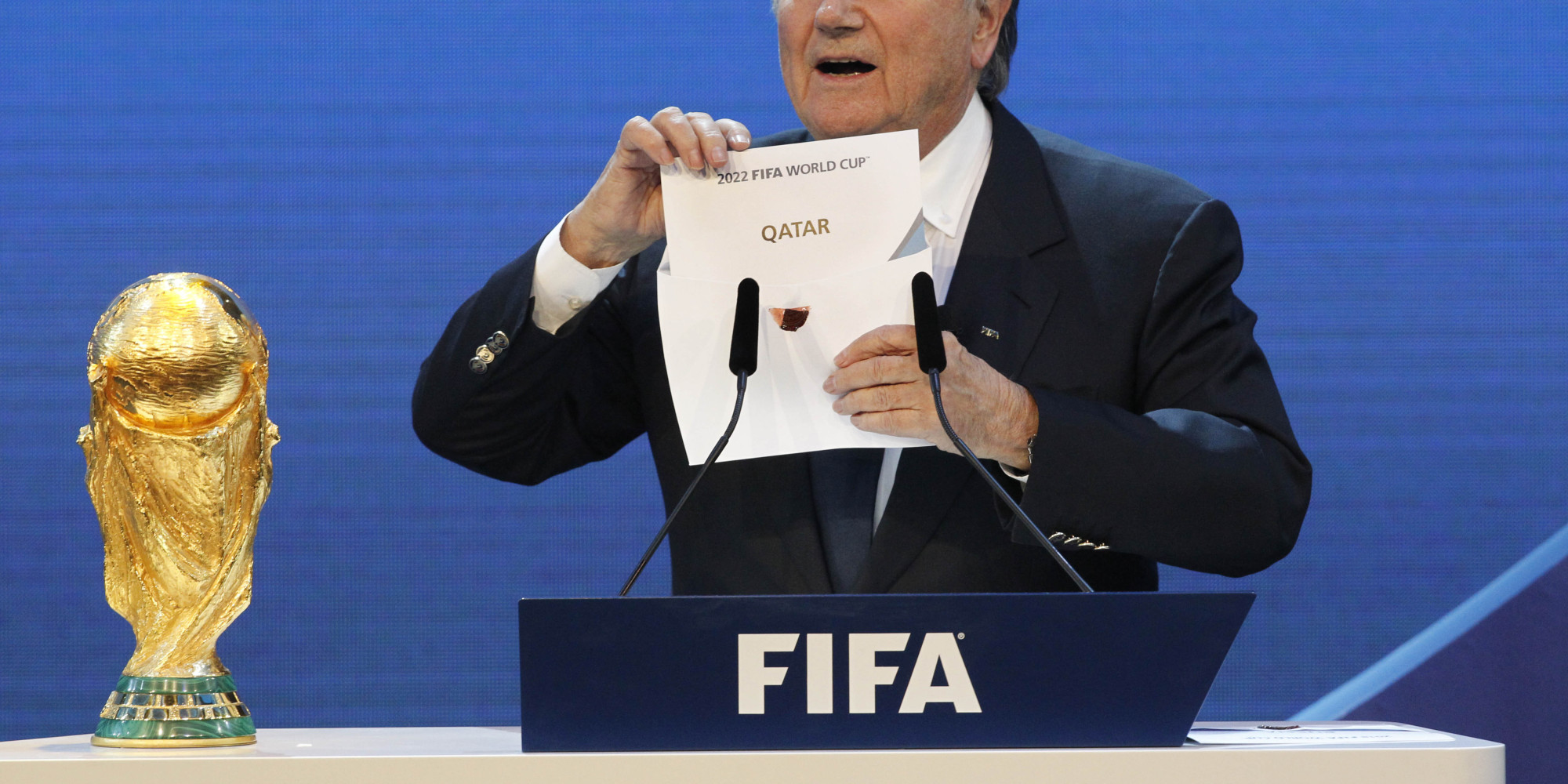 FIFA President Joseph Blatter announces Qatar to host the 2022 World Cup during the announcement of the host country for the 2022 soccer World Cup in Zurich, Switzerland, Thursday, Dec. 2, 2010. (AP Photo/Anja Niedringhaus)